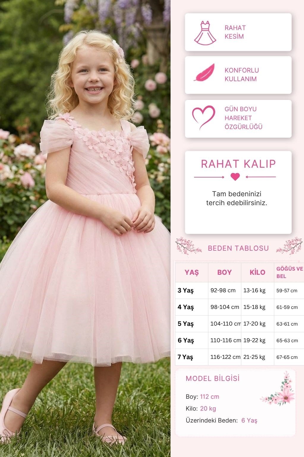 Pamina Kız Çocuk Çiçek Aplikeli Tül Elbise 3-7 Yaş Pembe
