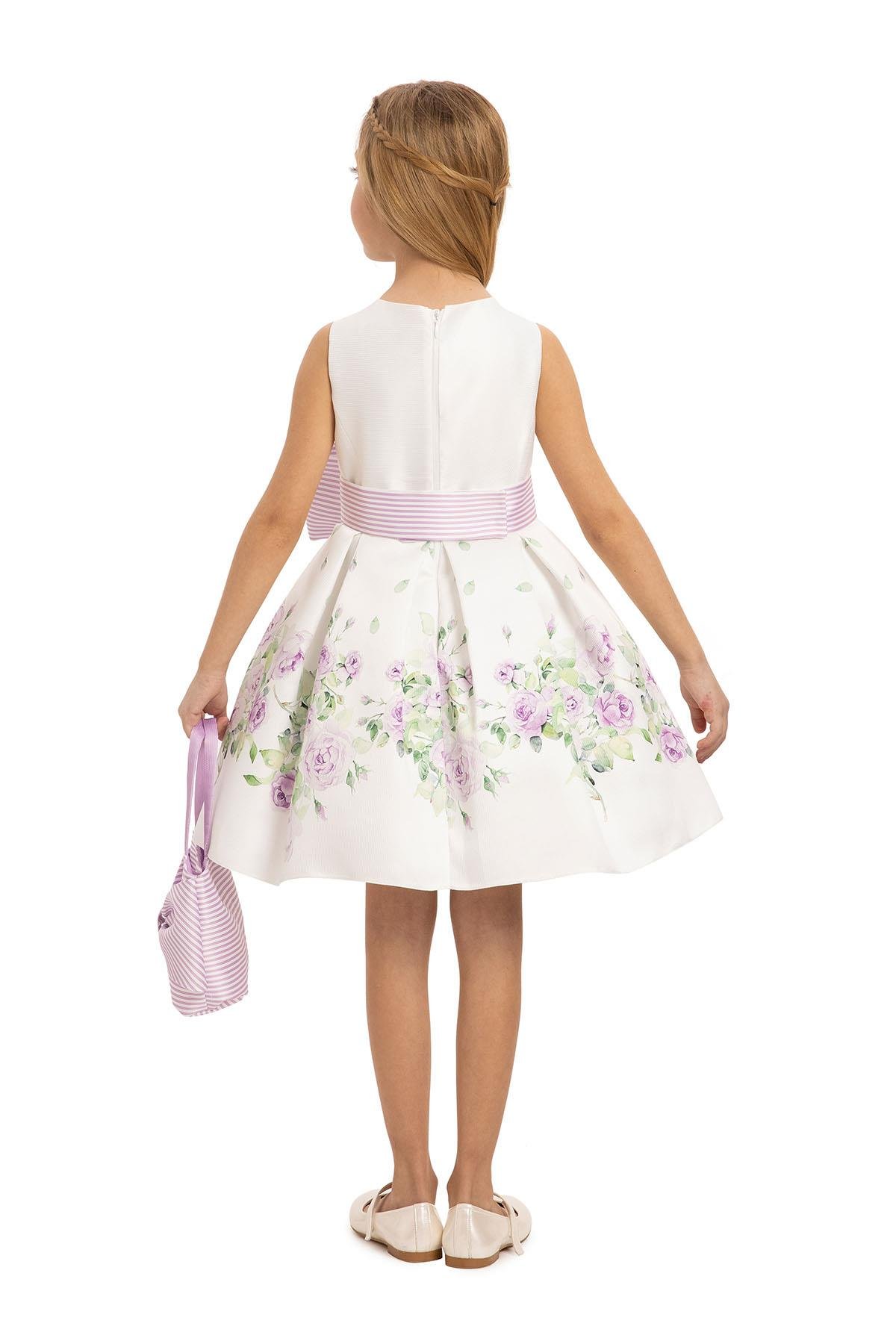 Pamina Kız Çocuk Çiçek Baskılı Çantalı Elbise 3-7 Yaş Lila