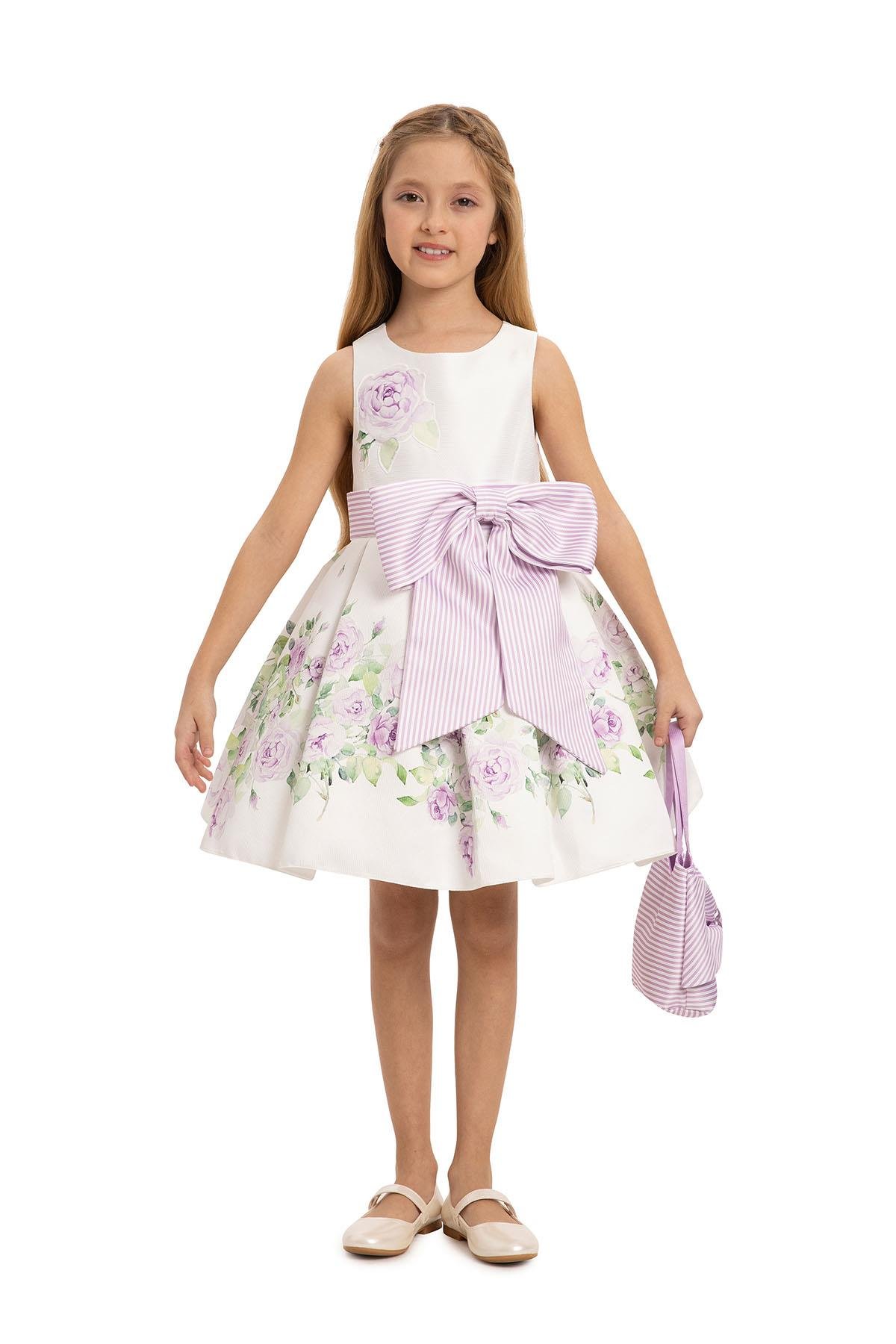 Pamina Kız Çocuk Çiçek Baskılı Çantalı Elbise 3-7 Yaş Lila
