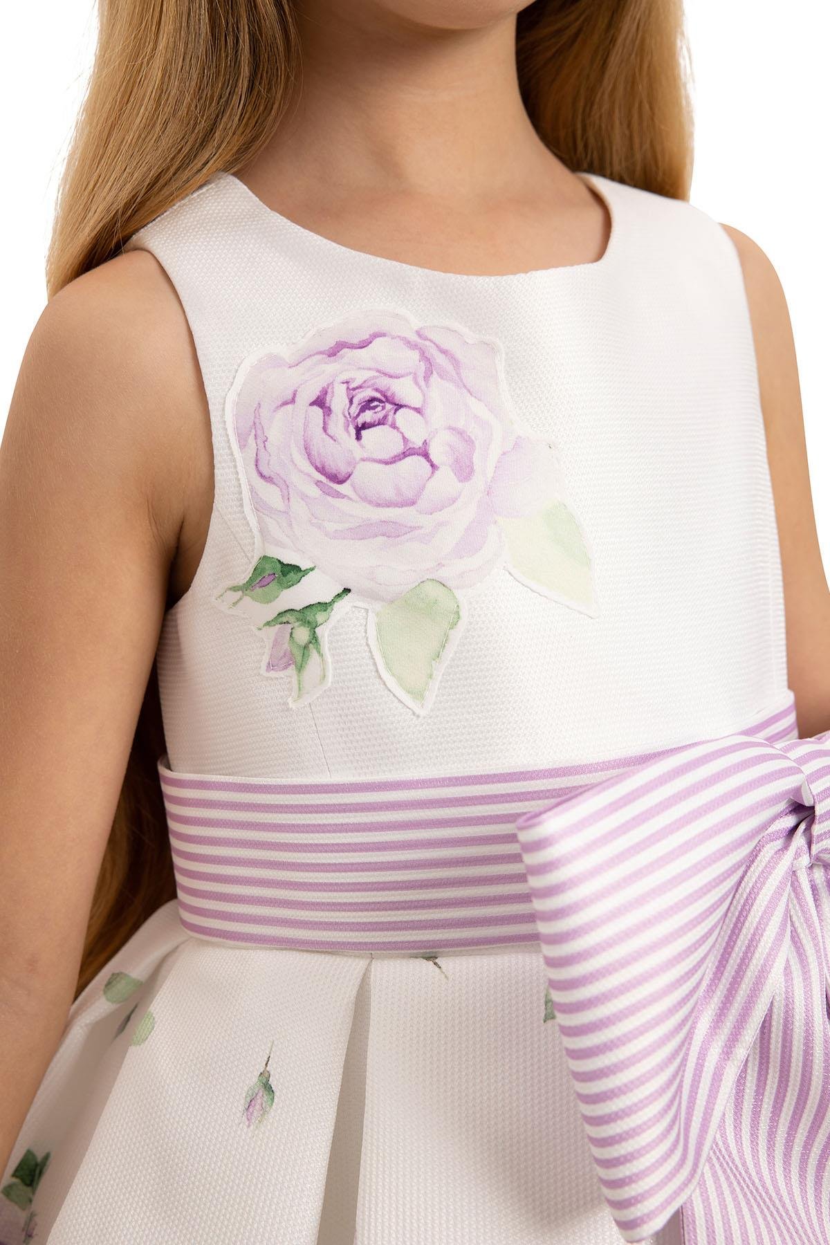 Pamina Kız Çocuk Çiçek Baskılı Çantalı Elbise 3-7 Yaş Lila