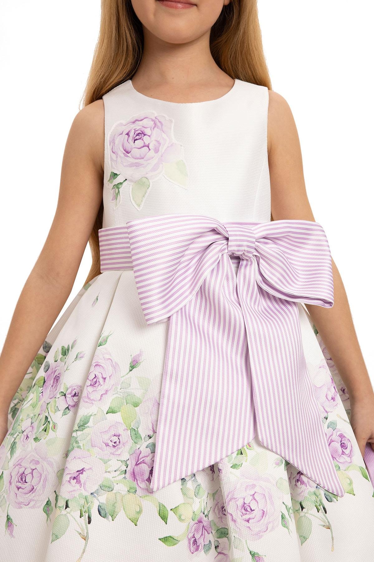 Pamina Kız Çocuk Çiçek Baskılı Çantalı Elbise 3-7 Yaş Lila