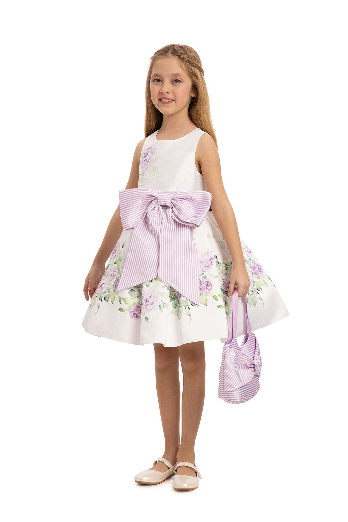 Pamina Kız Çocuk Çiçek Baskılı Çantalı Elbise 3-7 Yaş Lila