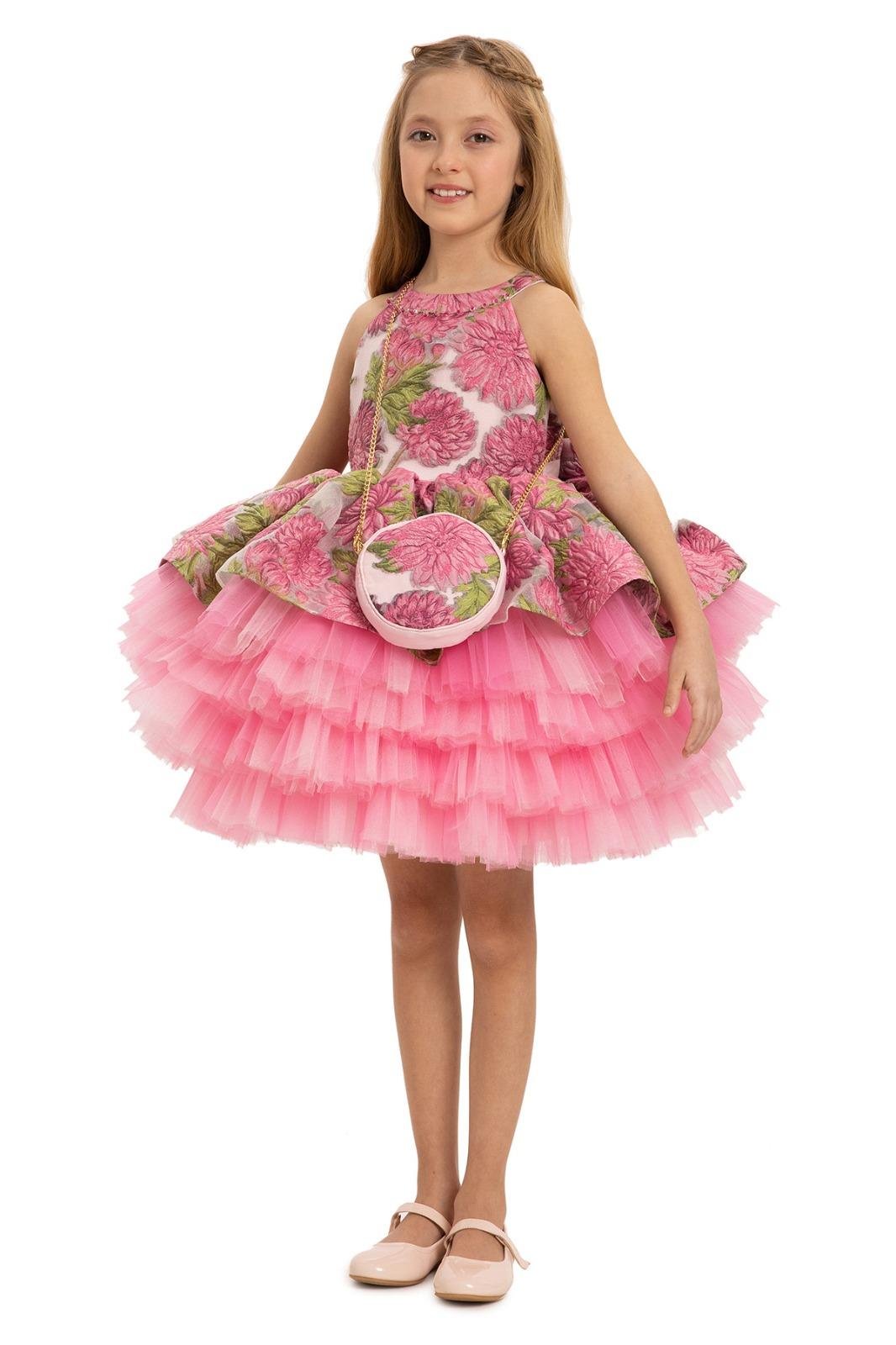 Pamina Kız Çocuk Çicek Desenli Abiye Elbise 3-7 Yaş Fuşya