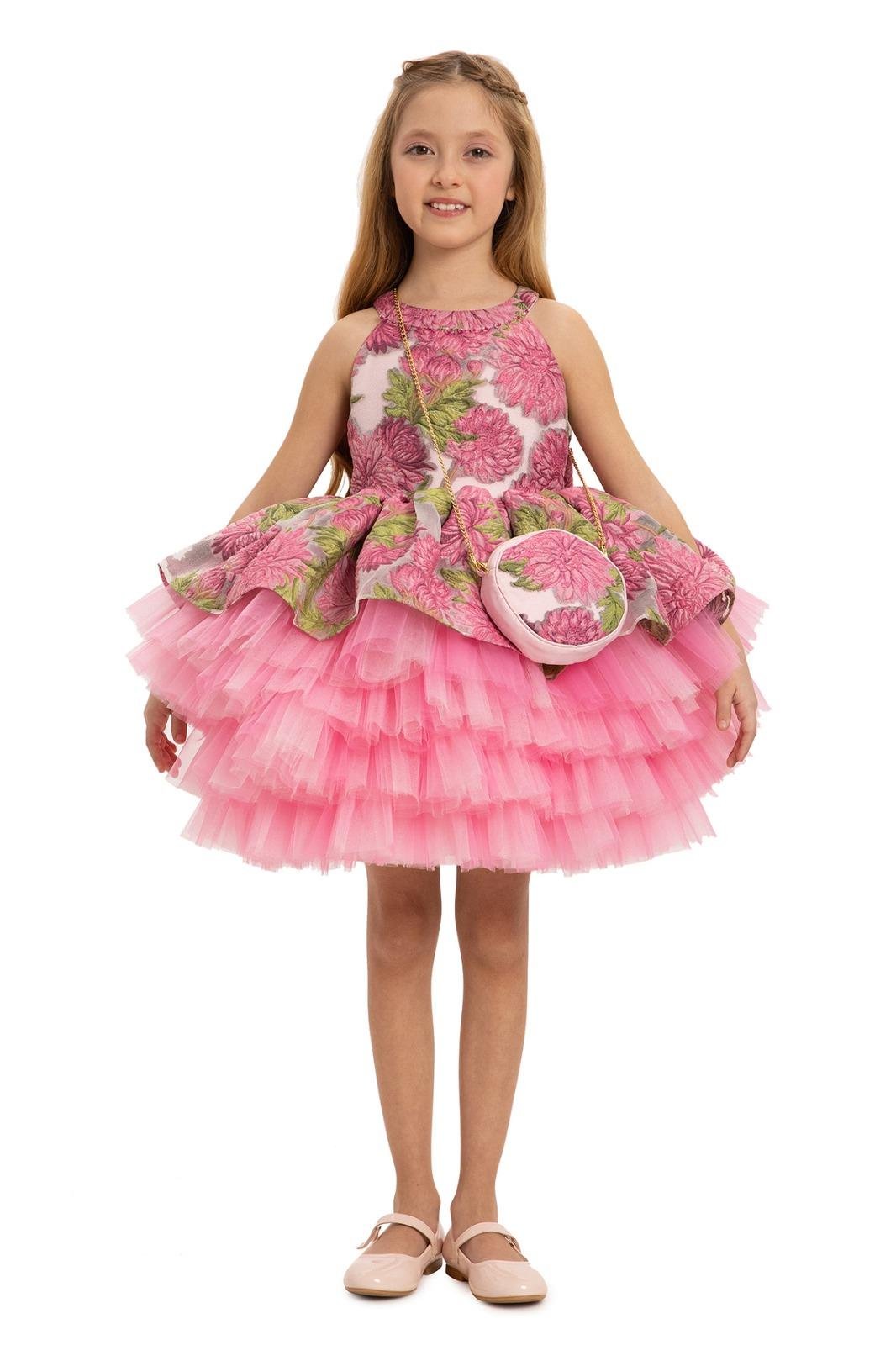 Pamina Kız Çocuk Çicek Desenli Abiye Elbise 3-7 Yaş Fuşya