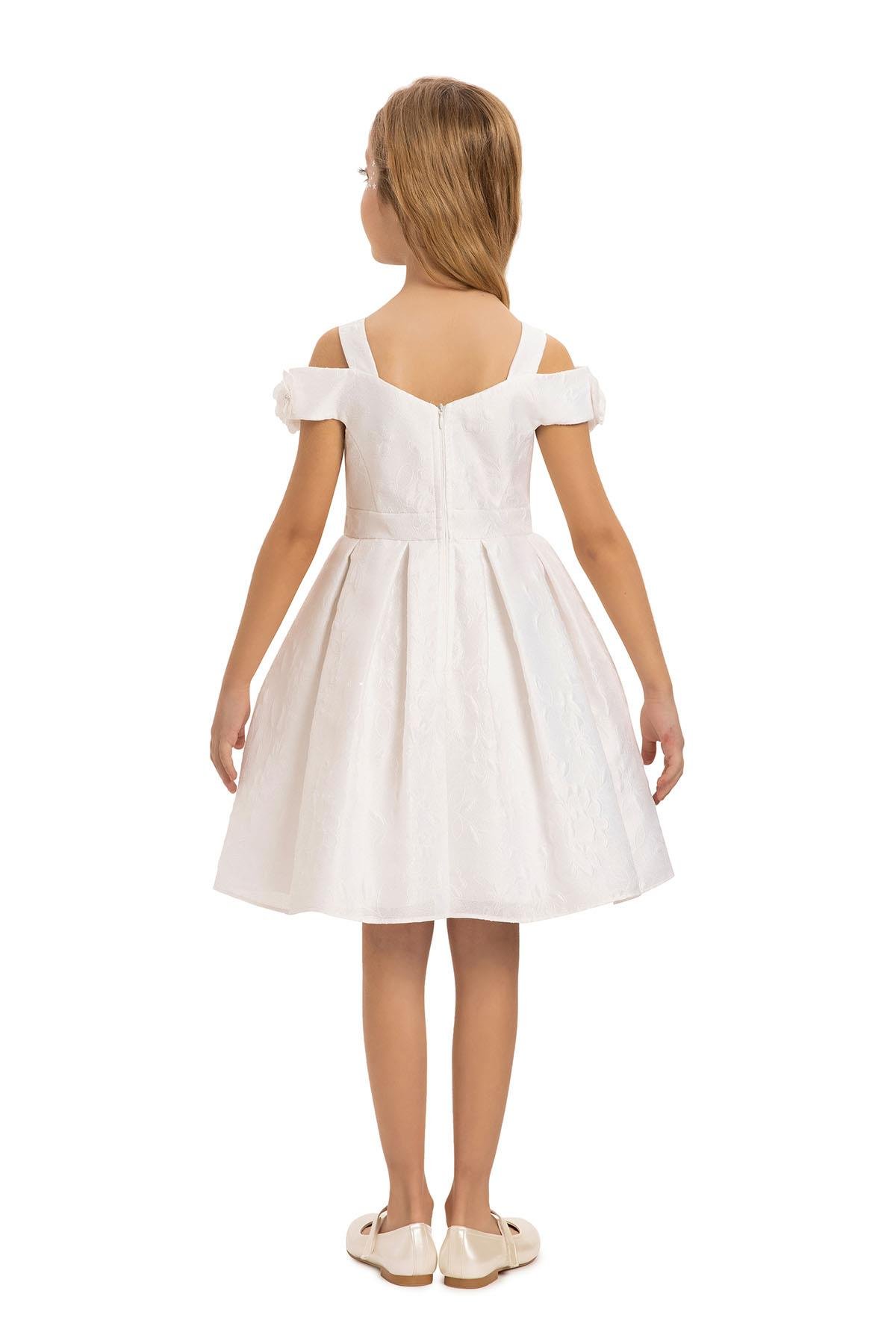 Pamina Kız Çocuk Çiçek Jakarlı Elbise 3-7 Yaş Ekru