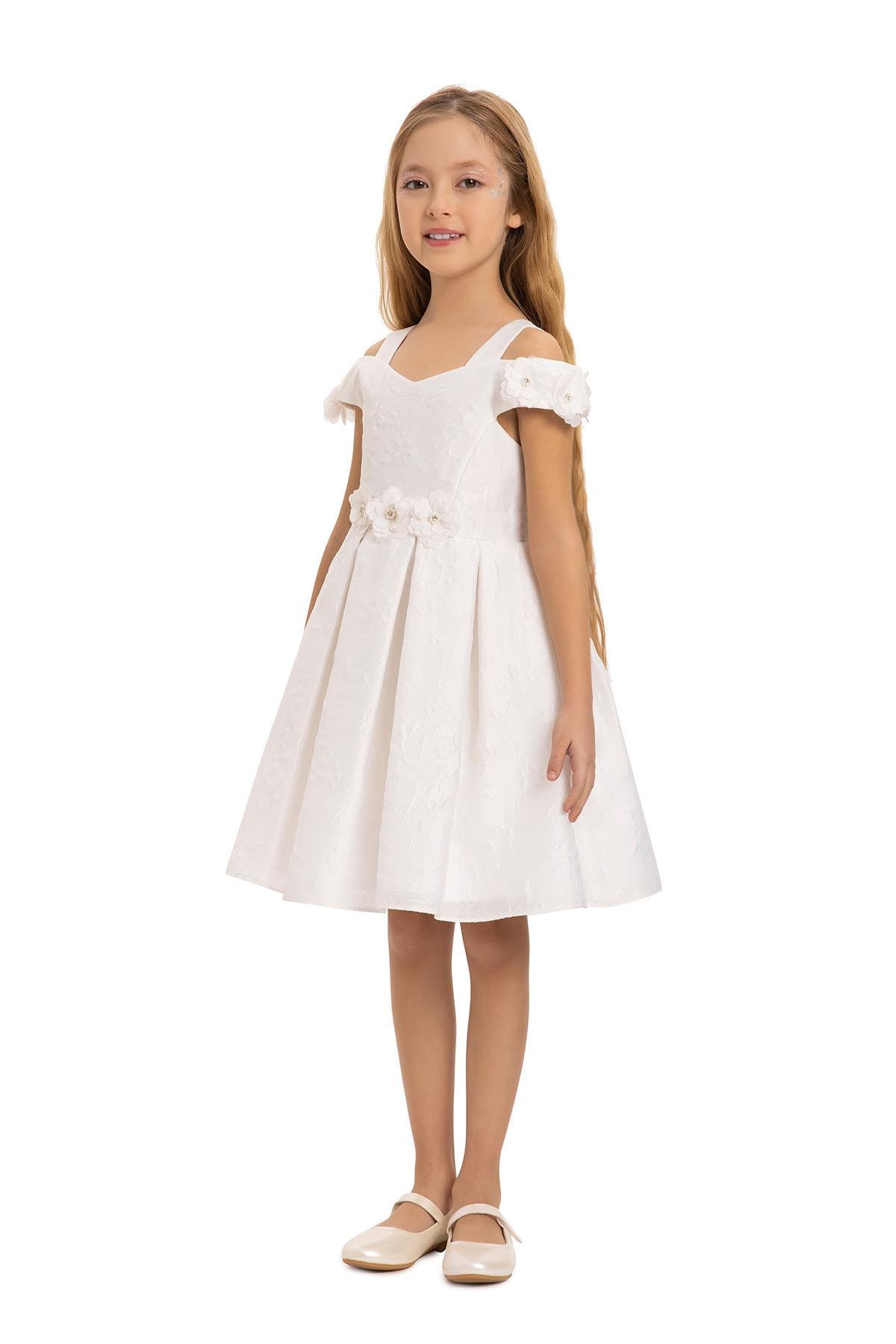 Pamina Kız Çocuk Çiçek Jakarlı Elbise 3-7 Yaş Ekru