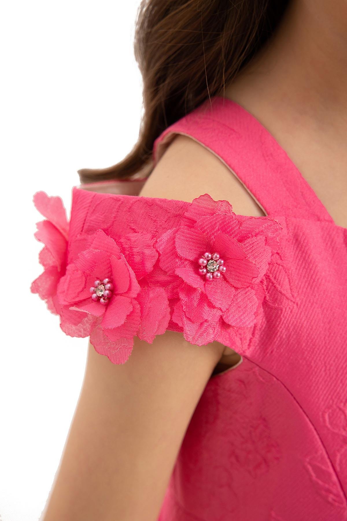 Pamina Kız Çocuk Çiçek Jakarlı Elbise 3-7 Yaş Fuşya