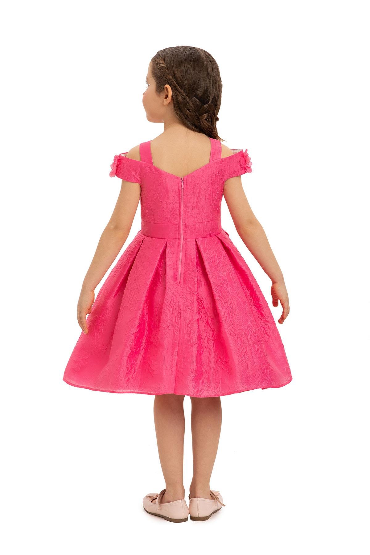 Pamina Kız Çocuk Çiçek Jakarlı Elbise 3-7 Yaş Fuşya