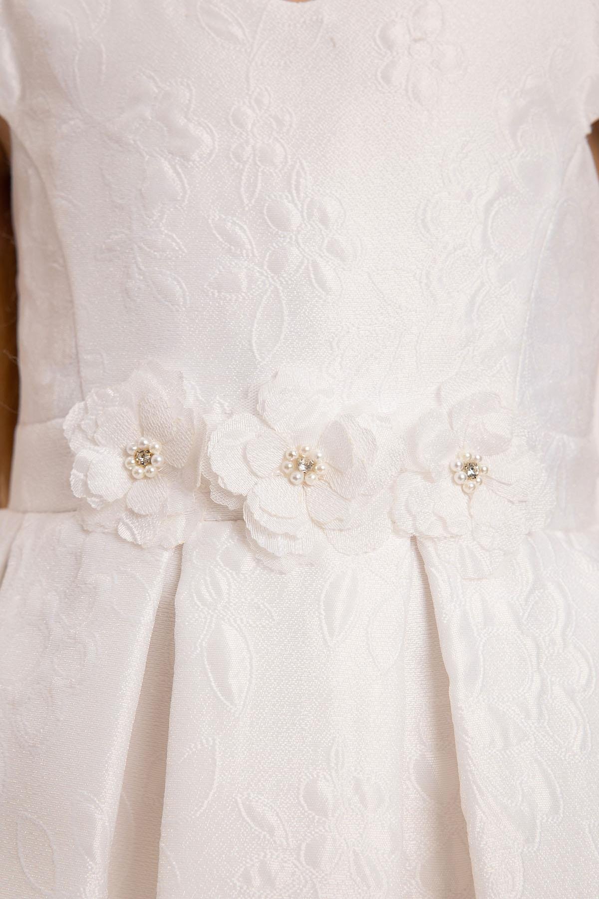 Pamina Kız Çocuk Çiçek Jakarlı Elbise 3-7 Yaş Ekru