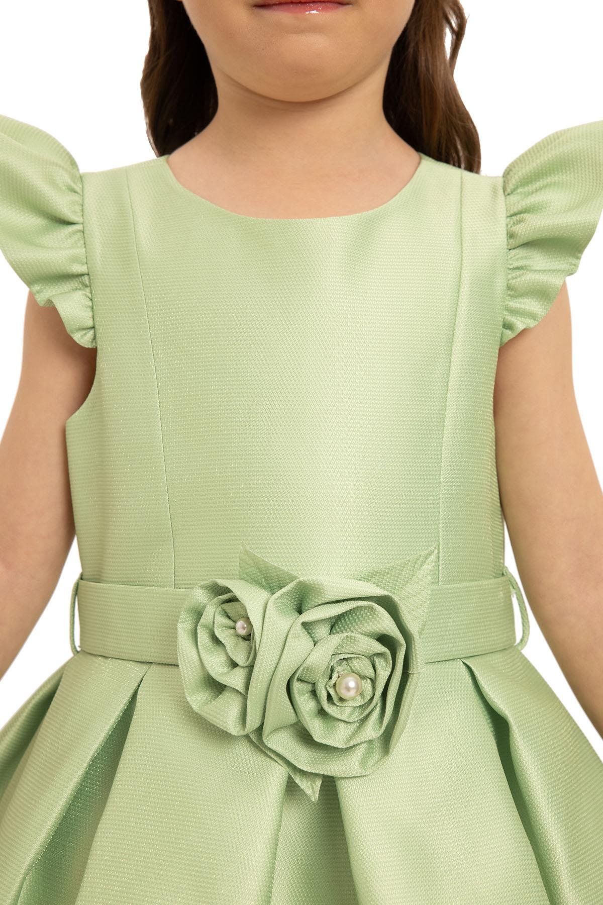 Pamina Kız Çocuk Çicekli Çantalı Abiye Elbise 3-7 Yaş Yeşil