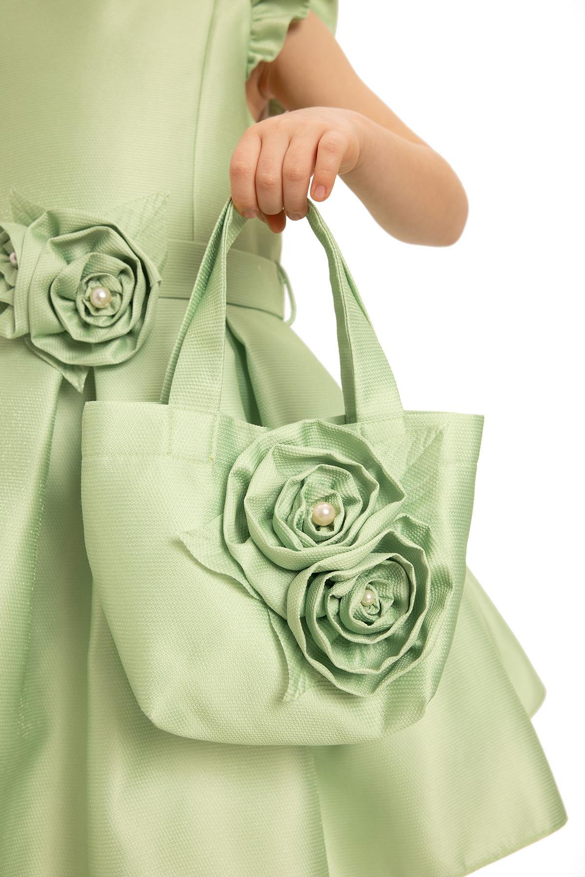 Pamina Kız Çocuk Çicekli Çantalı Abiye Elbise 3-7 Yaş Yeşil