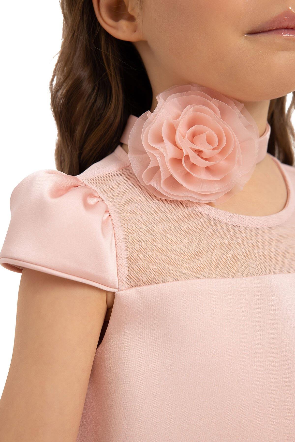 Pamina Kız Çocuk Çiçekli Chokerli Elbise 3-7 Yaş Pudra