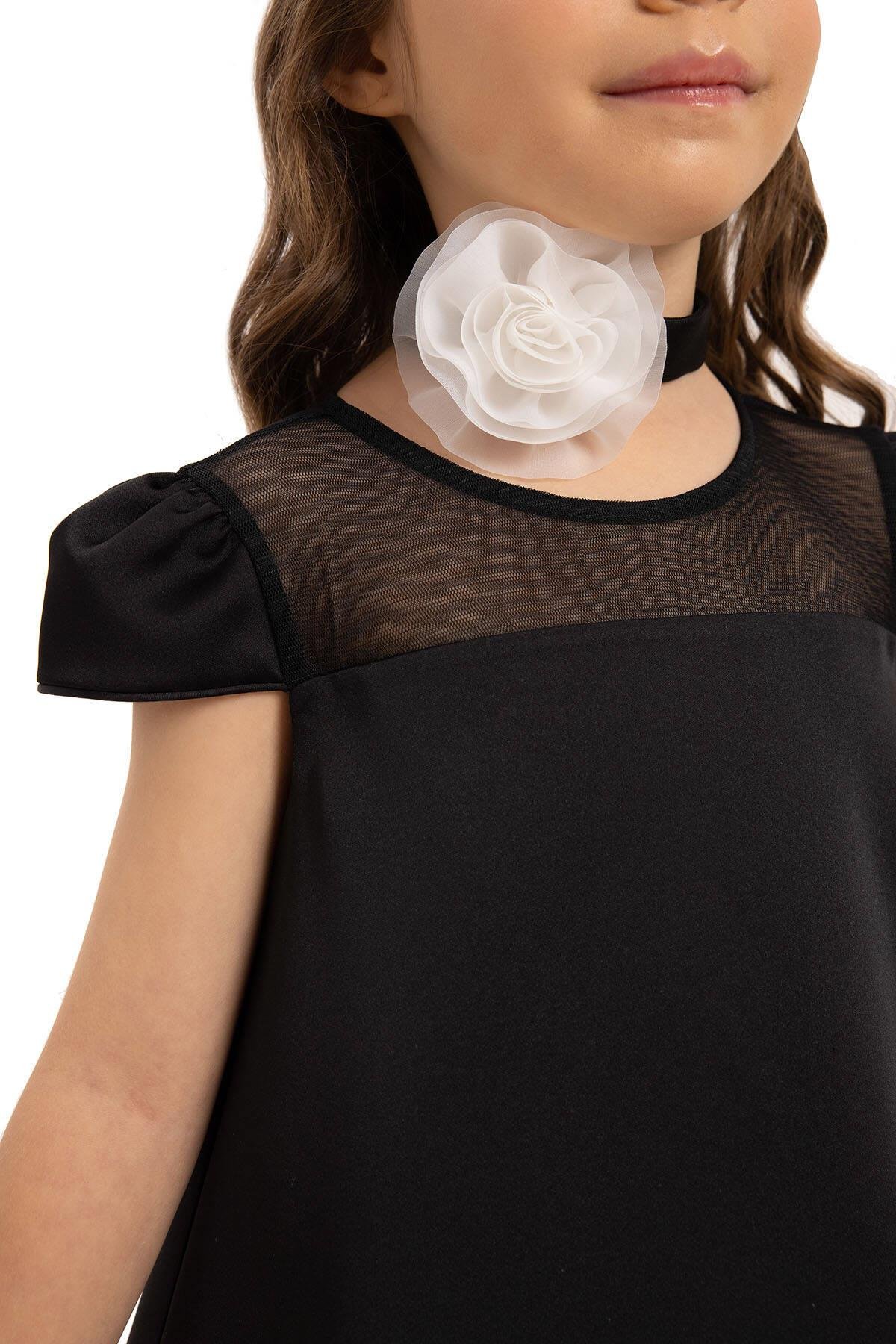 Pamina Kız Çocuk Çiçekli Chokerli Elbise 3-7 Yaş Siyah