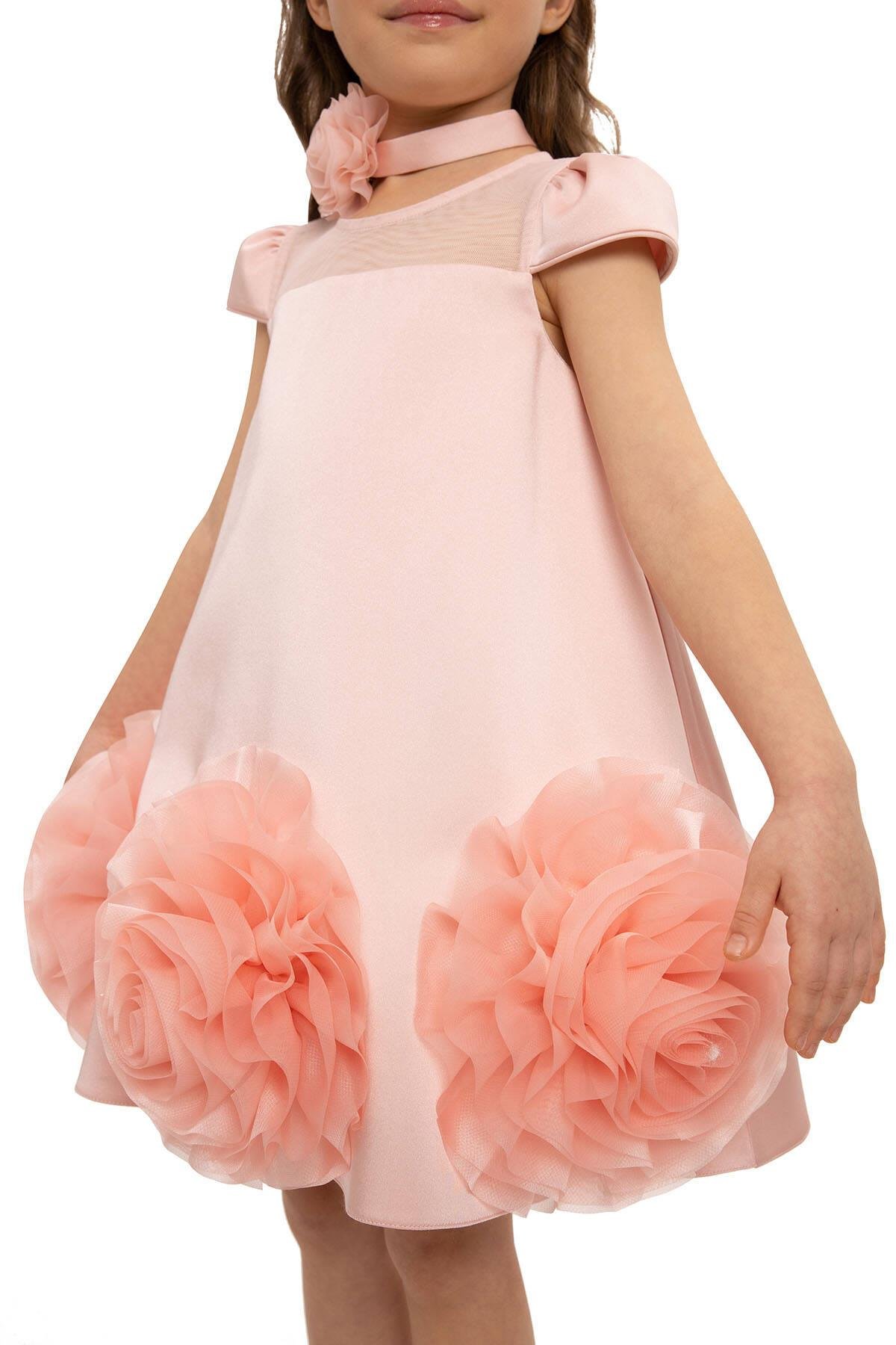 Pamina Kız Çocuk Çiçekli Chokerli Elbise 3-7 Yaş Pudra