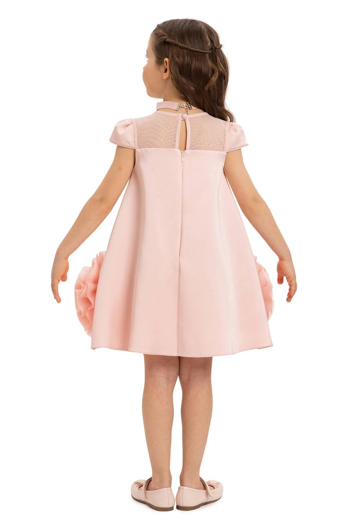 Pamina Kız Çocuk Çiçekli Chokerli Elbise 3-7 Yaş Pudra