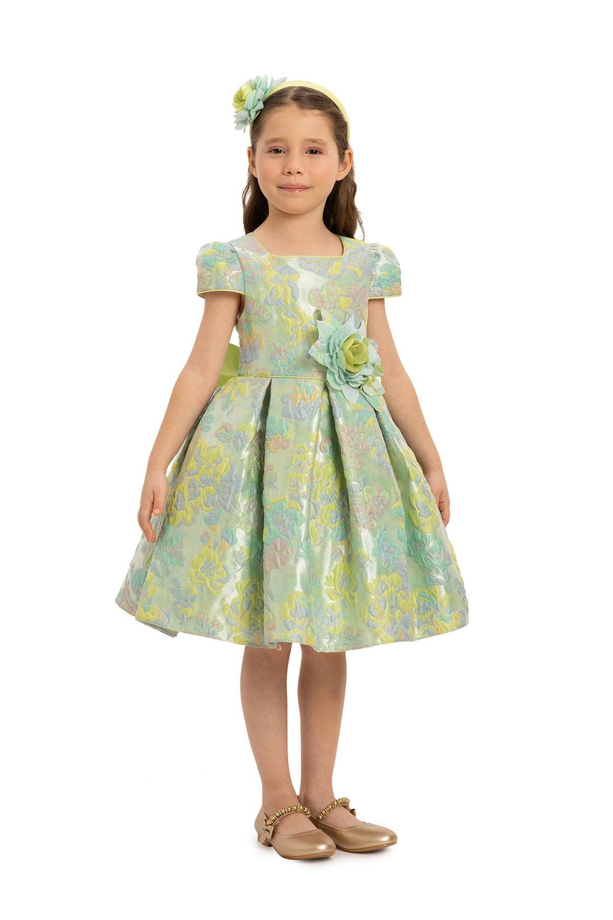 Pamina Kız Çocuk Çiçekli Saç Aksesuarı Elbise 3-7 Yaş Yeşil