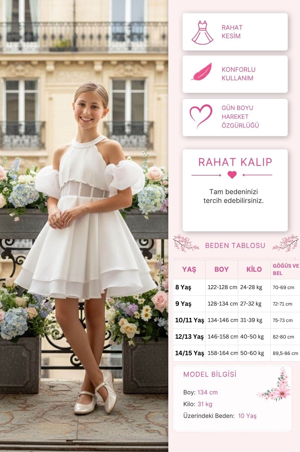 Pamina Kız Çocuk Çıkarılabilir Organza Kollu Elbise 8-15 Yaş Ekru
