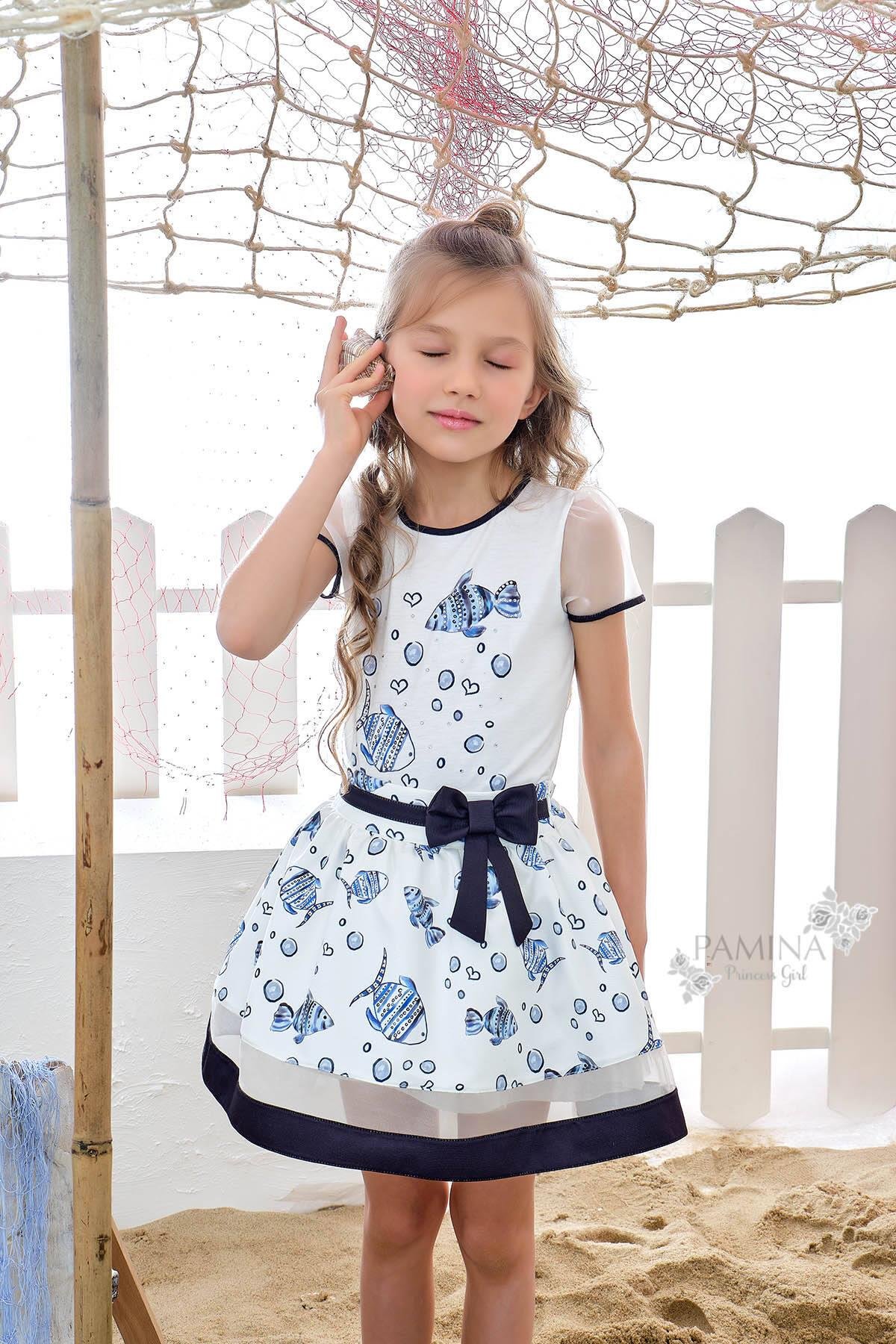 Pamina Kız Çocuk Deniz Temalı Etekli Takım 2-6 Yaş Beyaz