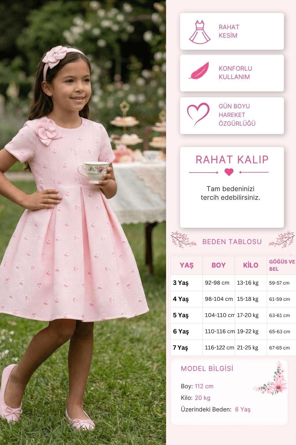 Pamina Kız Çocuk Dokulu Çiçekli ve Saç Bandlı Elbise 3-7 Yaş Pembe