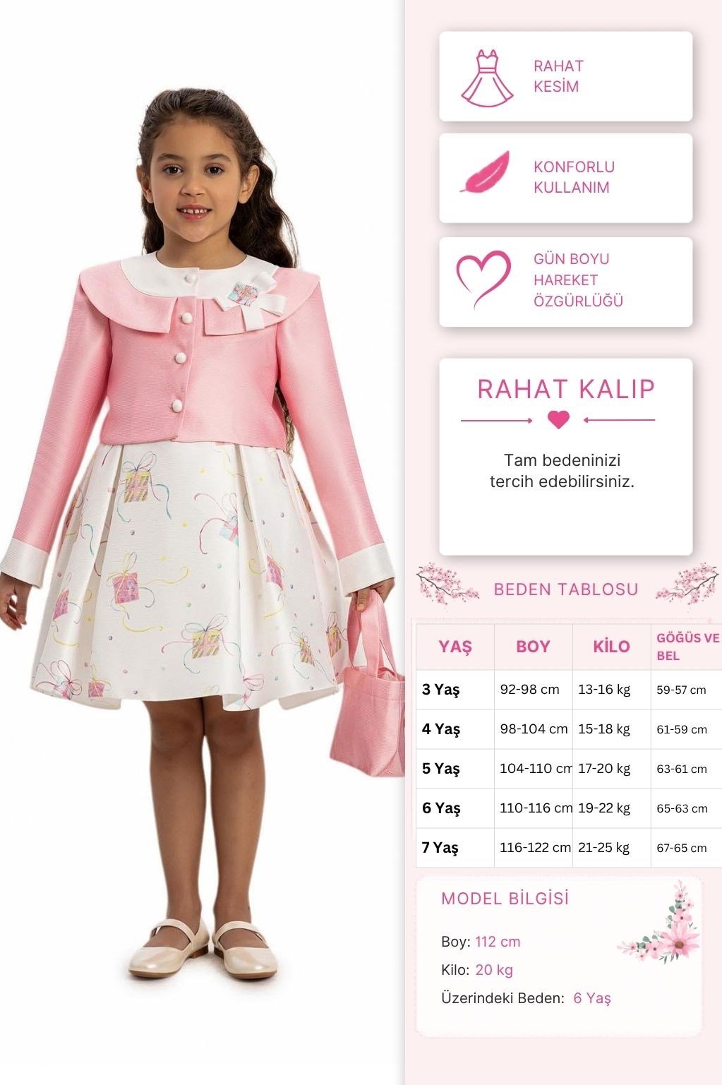 Pamina Kız Çocuk Elbise Bolero ve Çanta 3-7 Yaş Pembe
