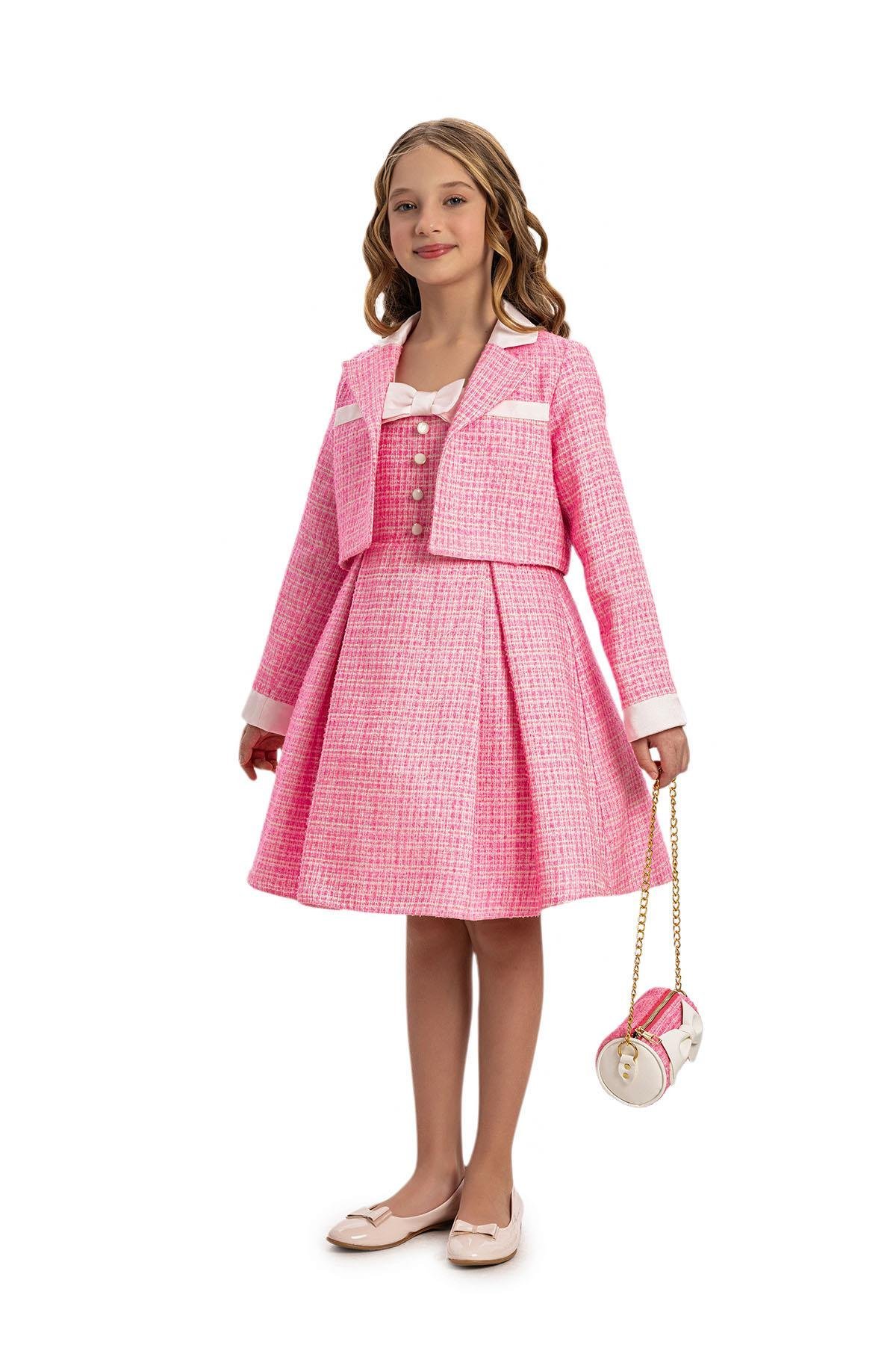 Pamina Kız Çocuk Elbise Bolero ve Çanta 8-14 Yaş Pembe