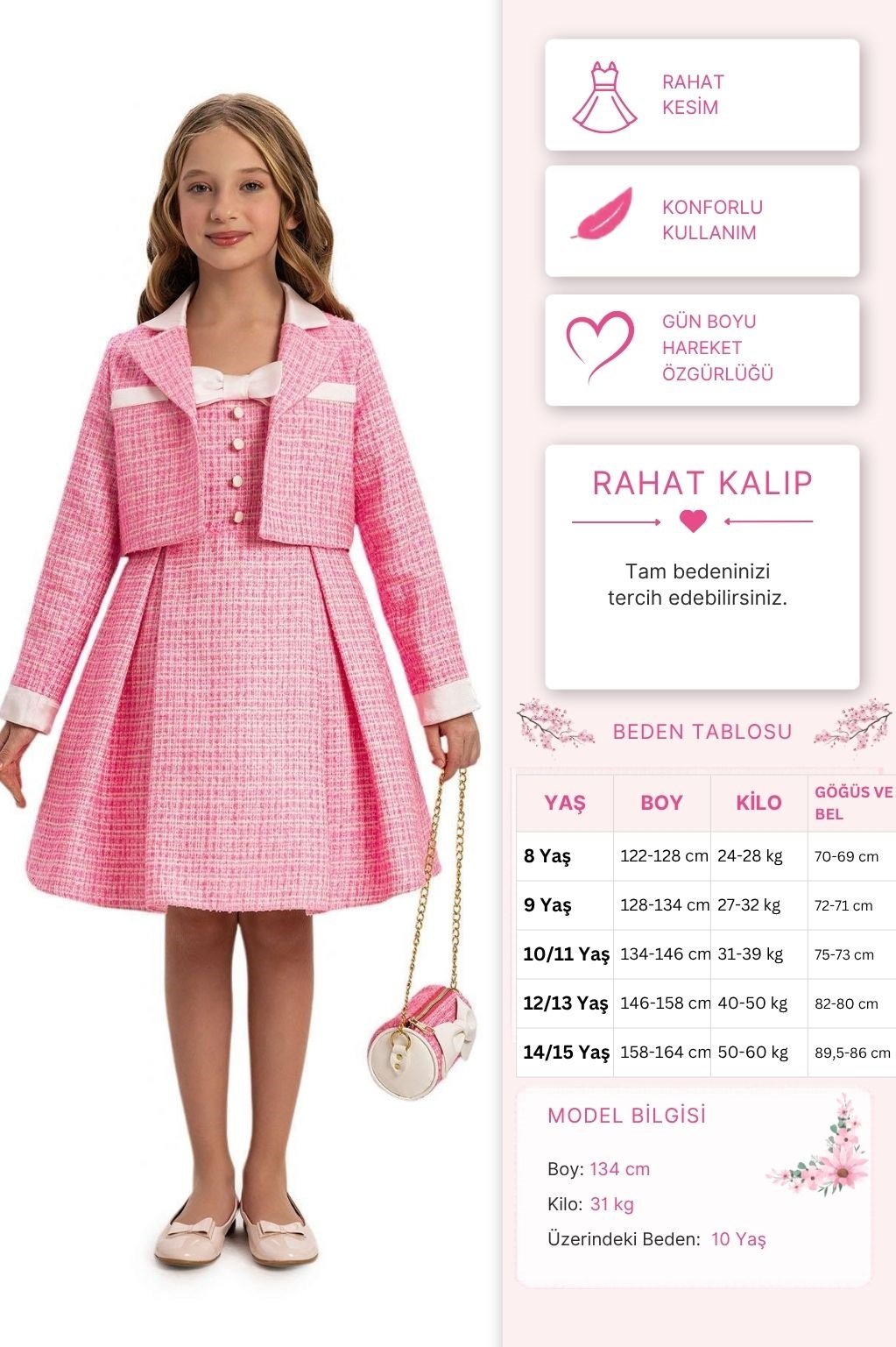 Pamina Kız Çocuk Elbise Bolero ve Çanta 8-14 Yaş Pembe