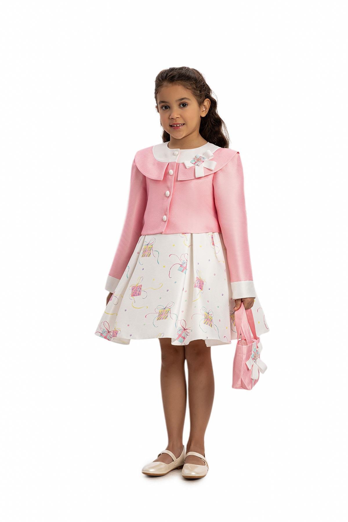 Pamina Kız Çocuk Elbise Bolero ve Çanta 3-7 Yaş Pembe