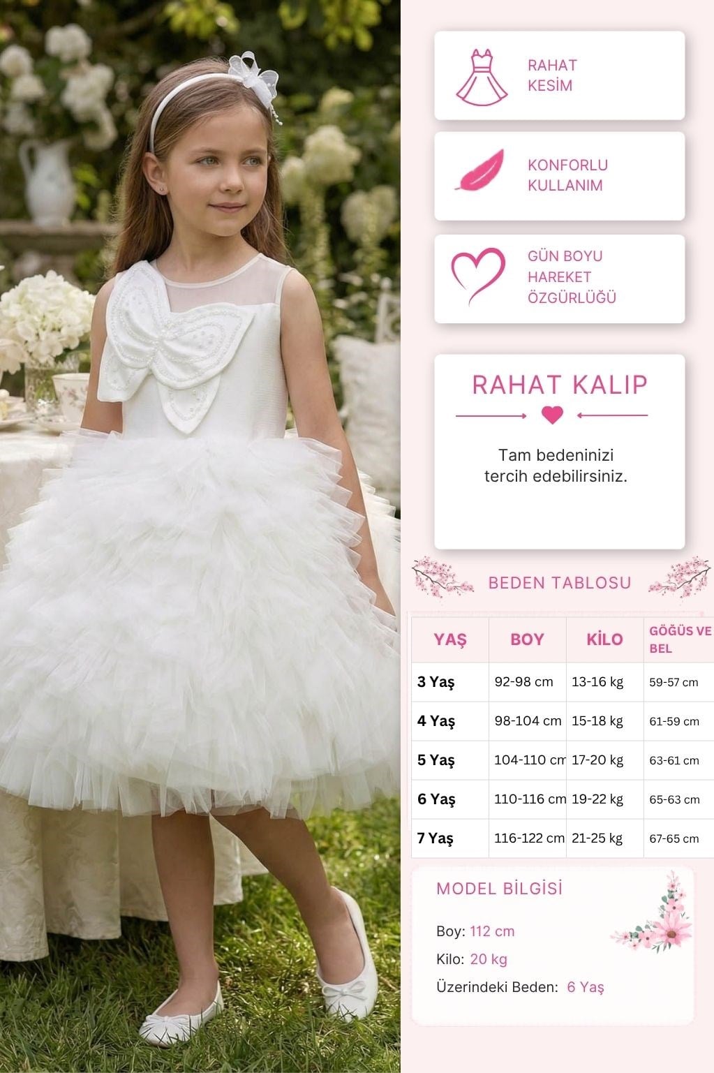 Pamina Kız Çocuk Eteği Katmanlı Tül Boncuk Detaylı Elbise 3-7 Yaş Ekru