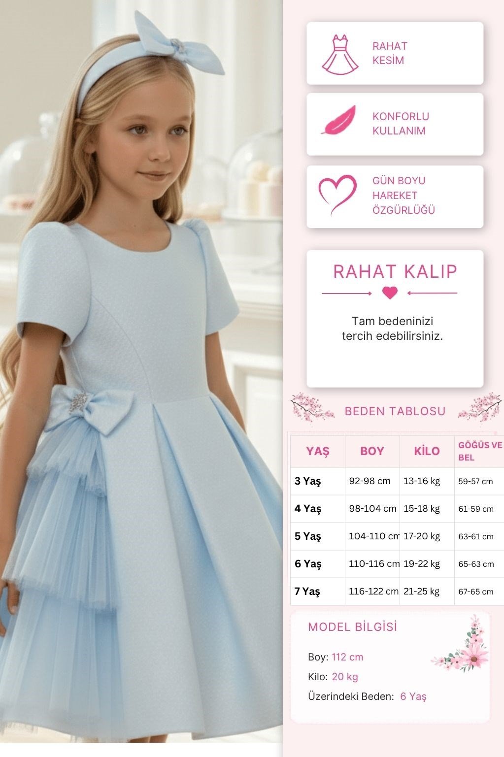 Pamina Kız Çocuk Fiyonk Detaylı ve Saç Bandlı Elbise 3-7 yAŞ Mavi