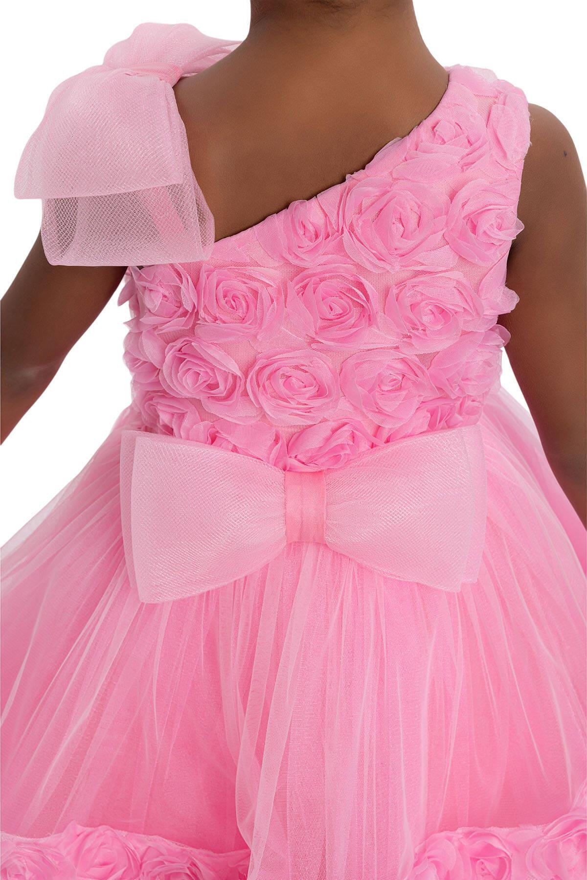 Pamina Kız Çocuk Güllü Tül Abiye Elbise 3-7 Yaş Pembe