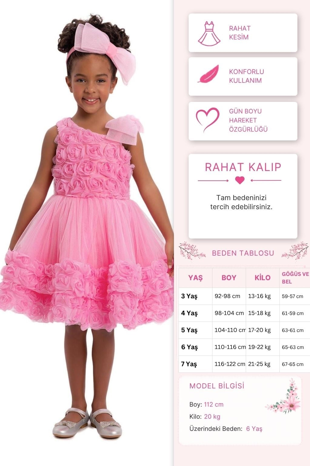 Pamina Kız Çocuk Güllü Tül Abiye Elbise 3-7 Yaş Pembe