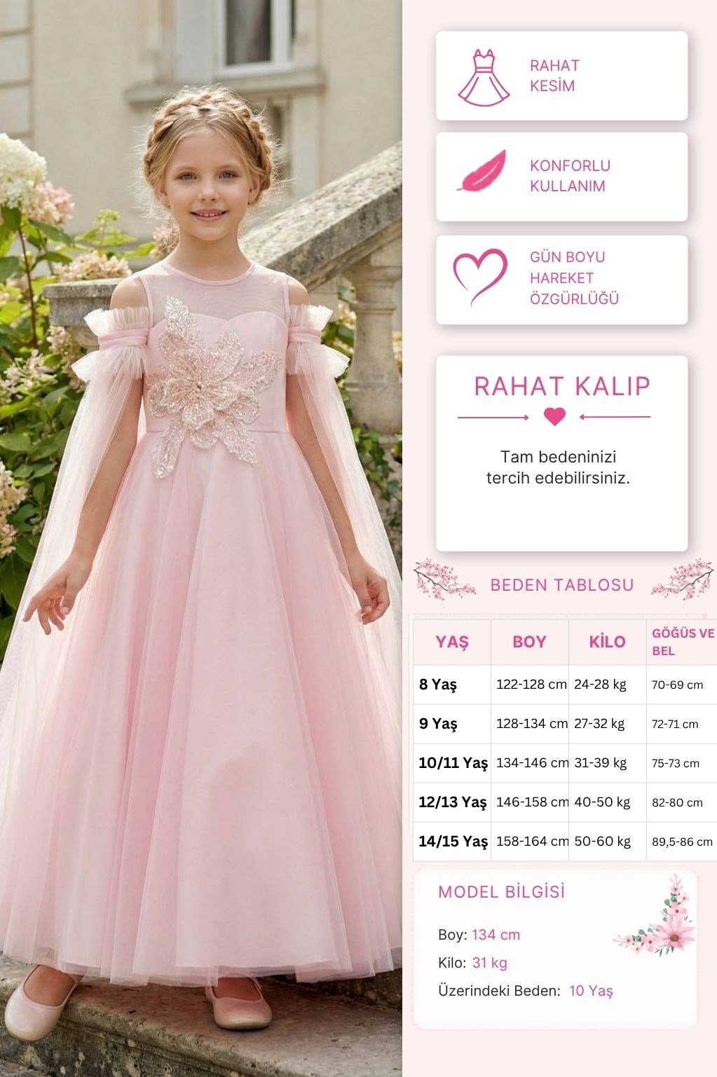 Pamina Kız Çocuk İşlemeli Omuzları Açık Tül Elbise 8-15 Yaş Pembe