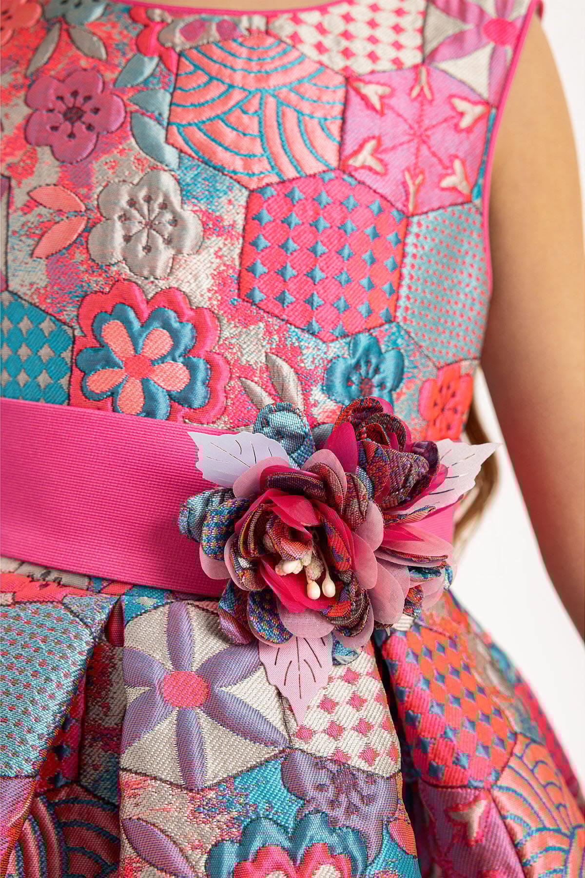 Pamina Kız Çocuk Jakar Desenli Çantalı Elbise 3-7 Yaş Pembe