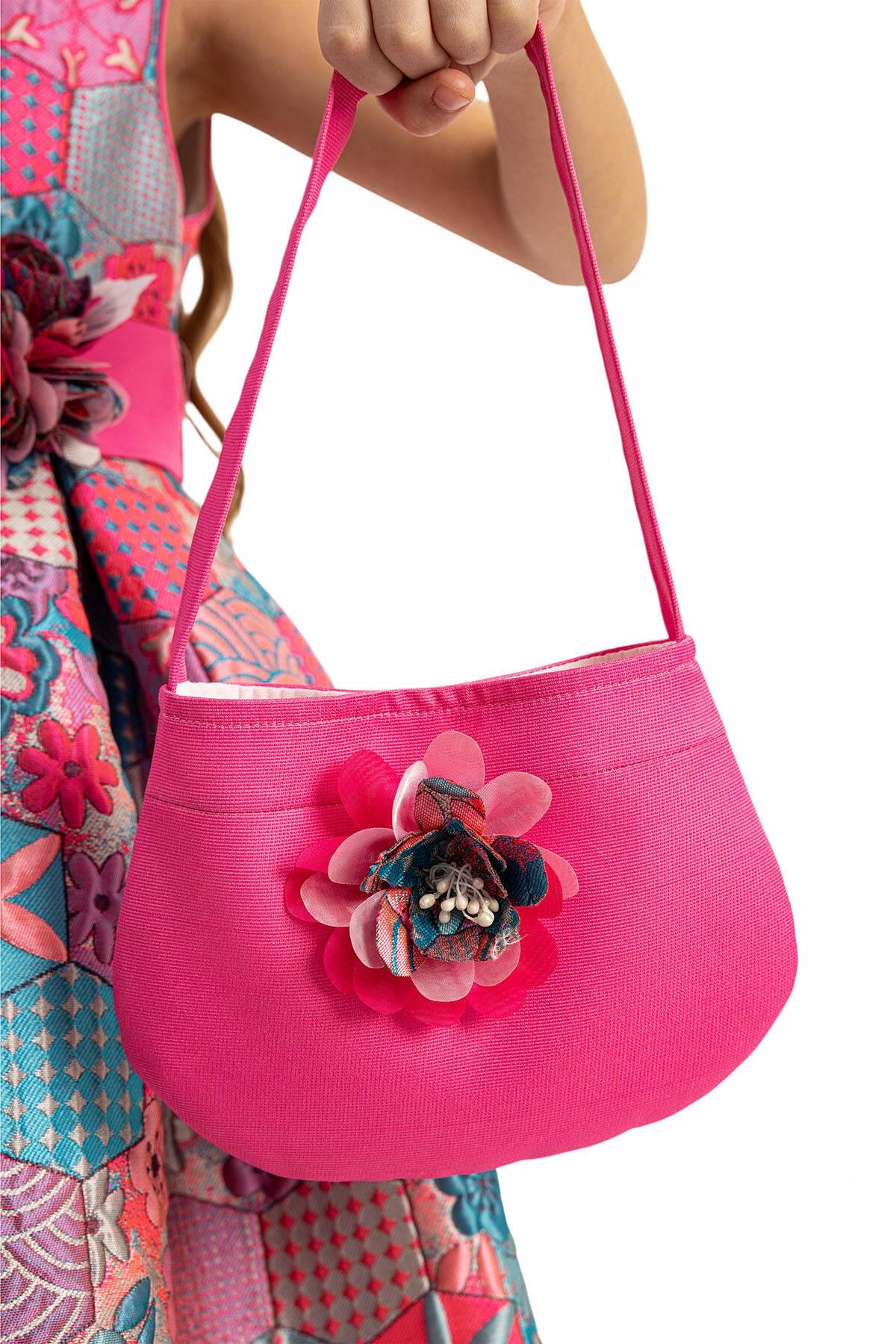 Pamina Kız Çocuk Jakar Desenli Çantalı Elbise 3-7 Yaş Pembe