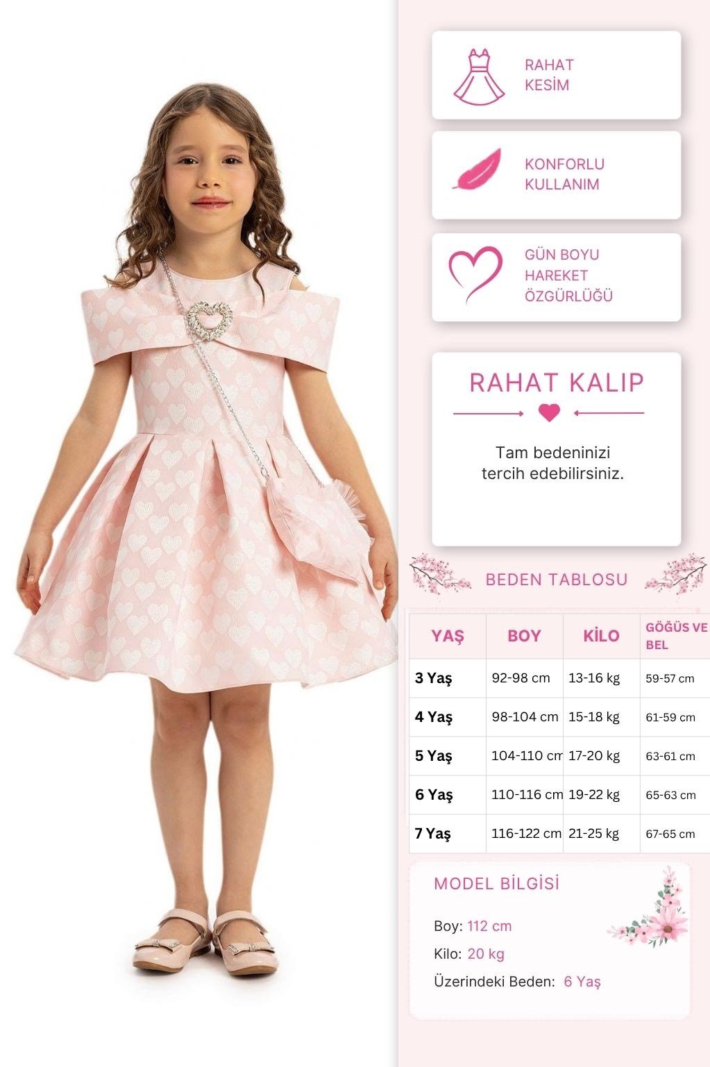 Pamina Kız Çocuk Kalp Baskılı Elbise Çanta 3-7 Yaş Pembe