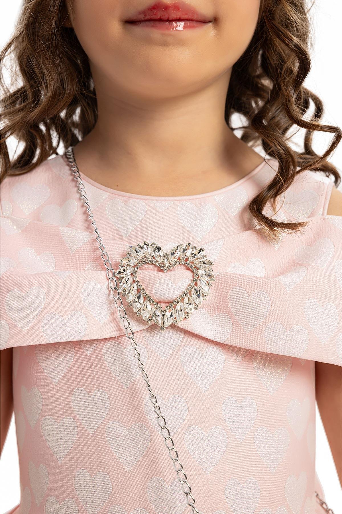 Pamina Kız Çocuk Kalp Baskılı Elbise Çanta 3-7 Yaş Pembe