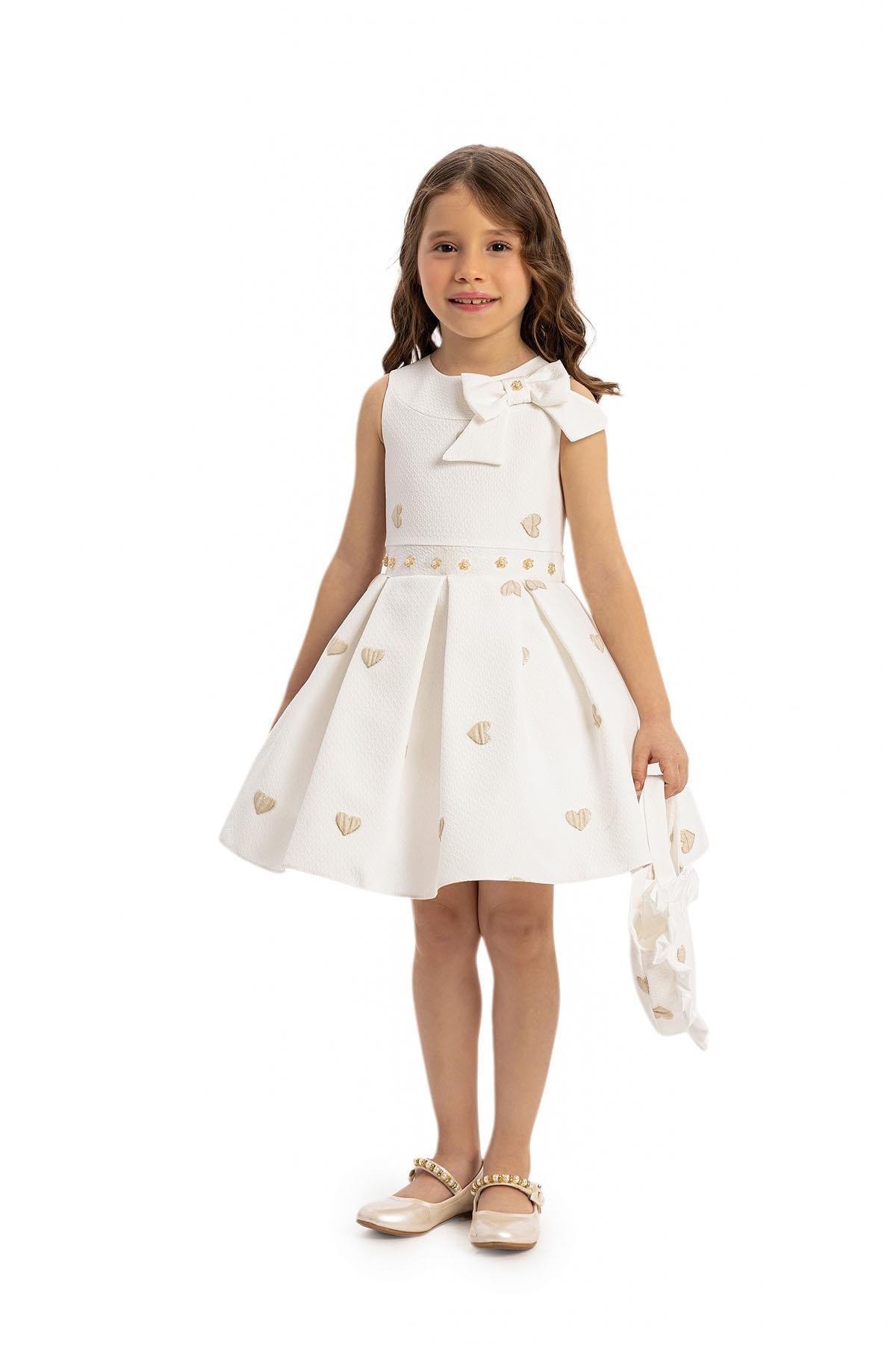 Pamina Kız Çocuk Kalp Baskılı Elbise Çanta 3-7 Yaş Ekru