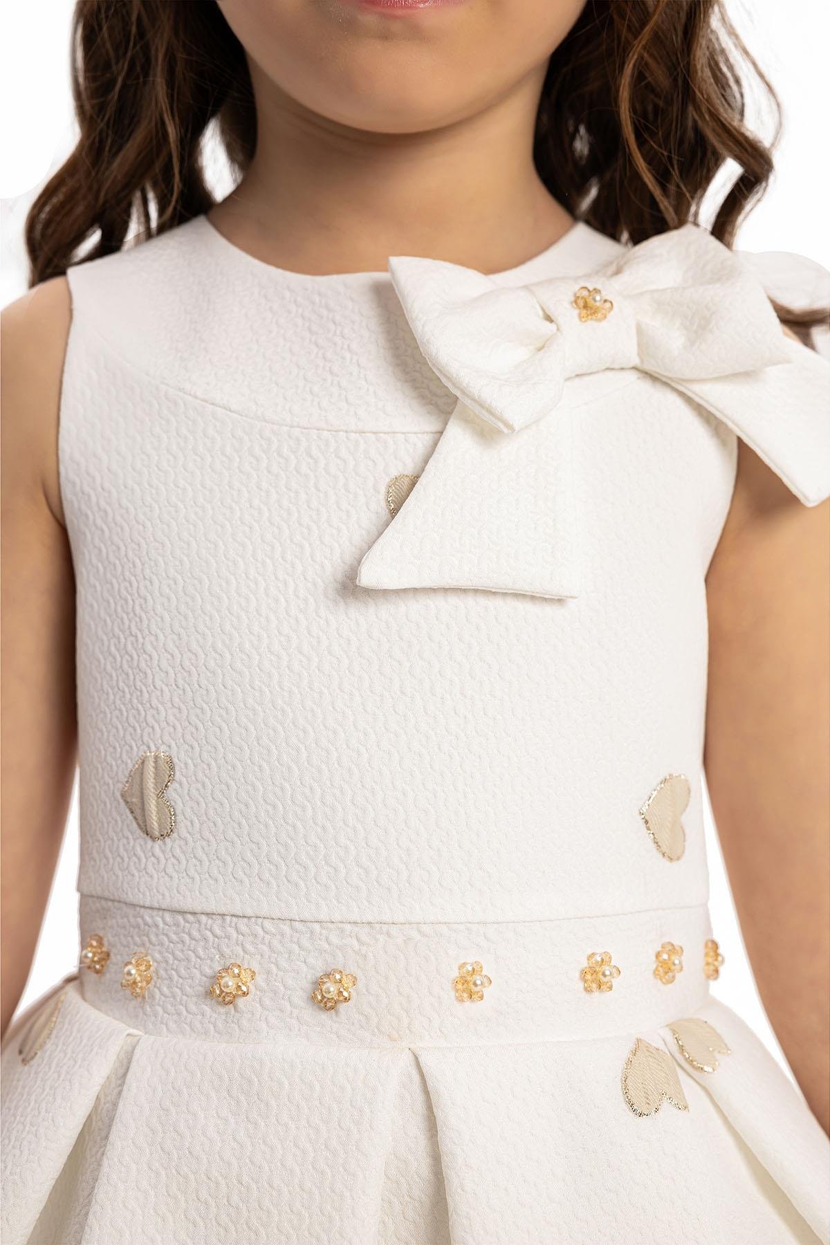 Pamina Kız Çocuk Kalp Baskılı Elbise Çanta 3-7 Yaş Ekru