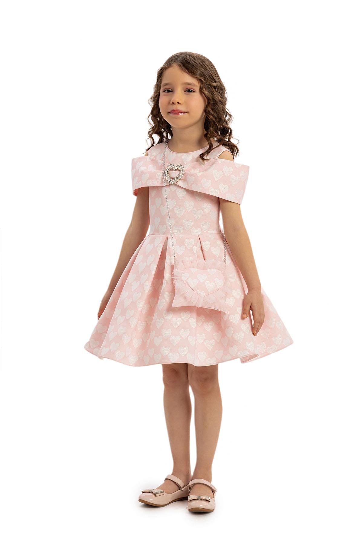 Pamina Kız Çocuk Kalp Baskılı Elbise Çanta 3-7 Yaş Pembe