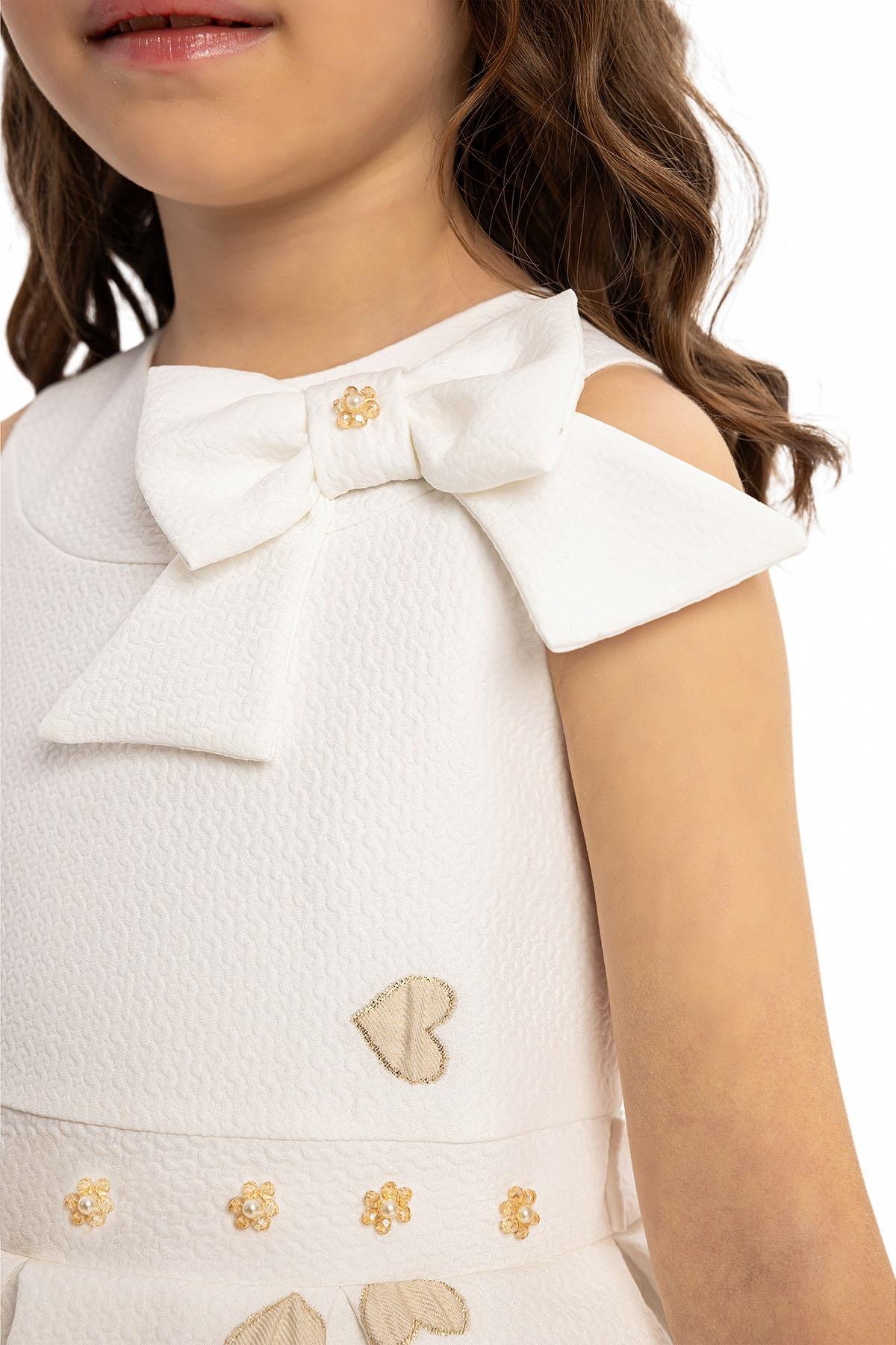 Pamina Kız Çocuk Kalp Baskılı Elbise Çanta 3-7 Yaş Ekru