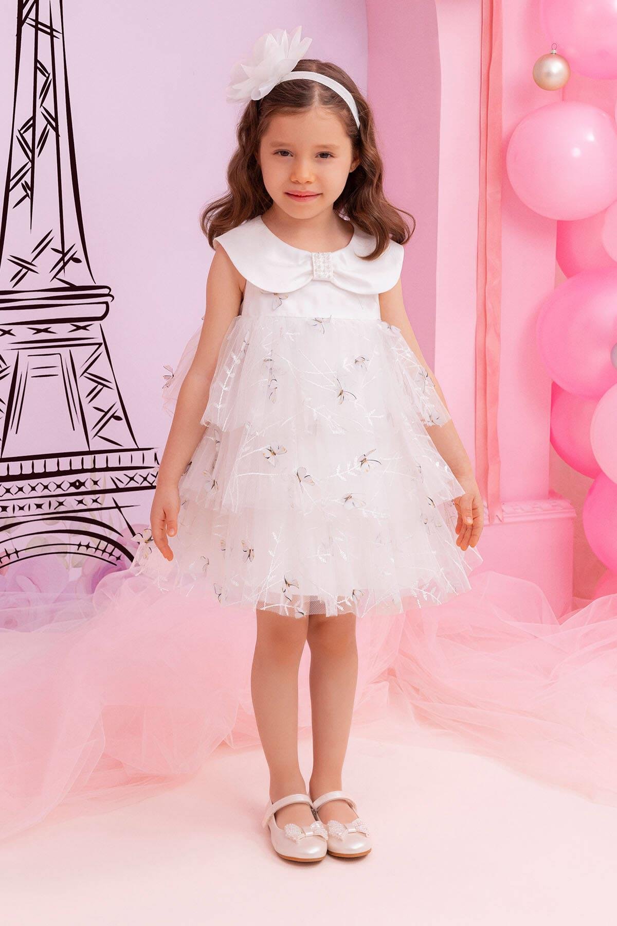 Pamina Kız Çocuk Kelebek Baskılı Elbise 6-24 Ay Ekru