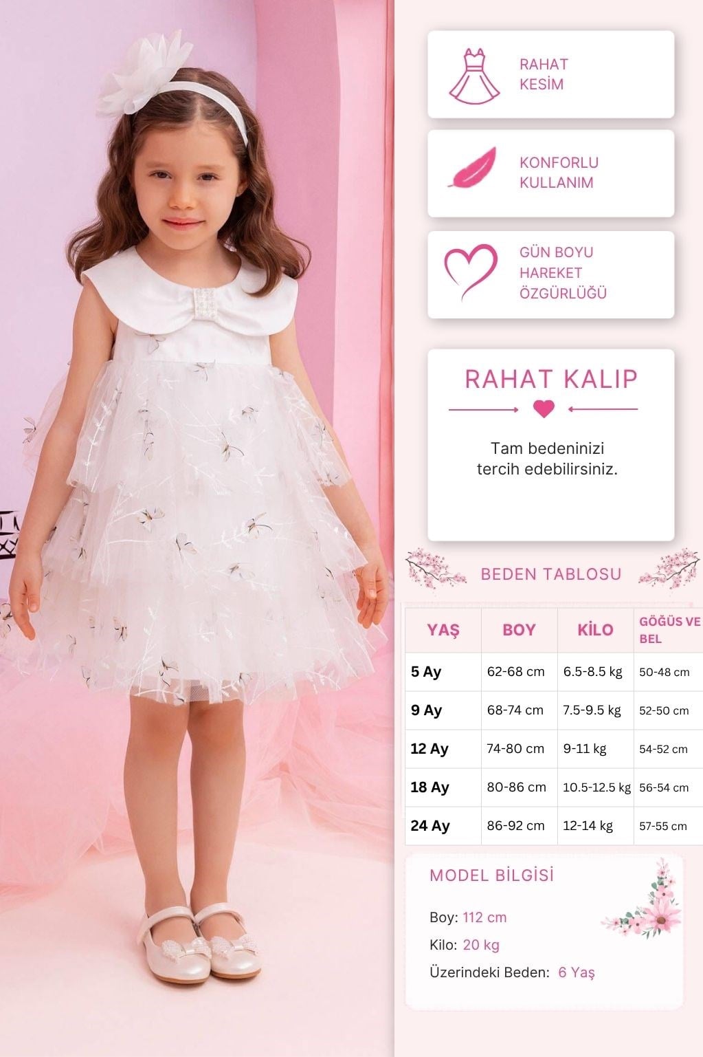 Pamina Kız Çocuk Kelebek Baskılı Elbise 6-24 Ay Ekru