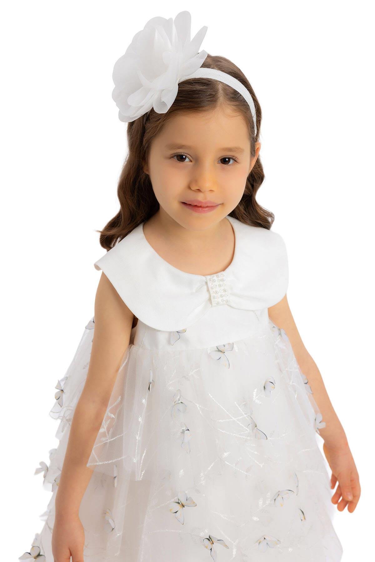 Pamina Kız Çocuk Kelebek Baskılı Elbise 6-24 Ay Ekru