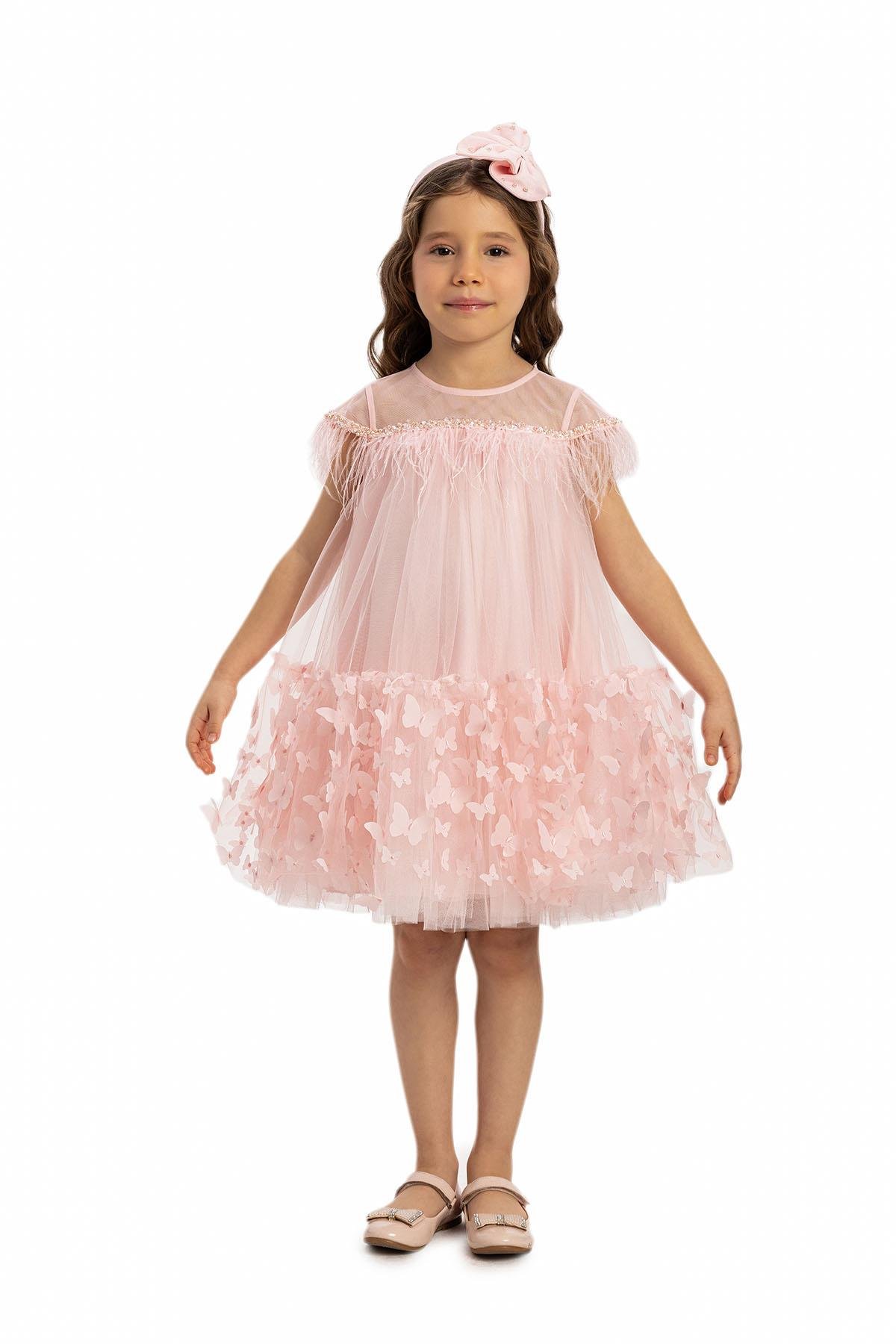 Pamina Kız Çocuk  Kelebek Tül Elbise 3-7 Yaş Pembe