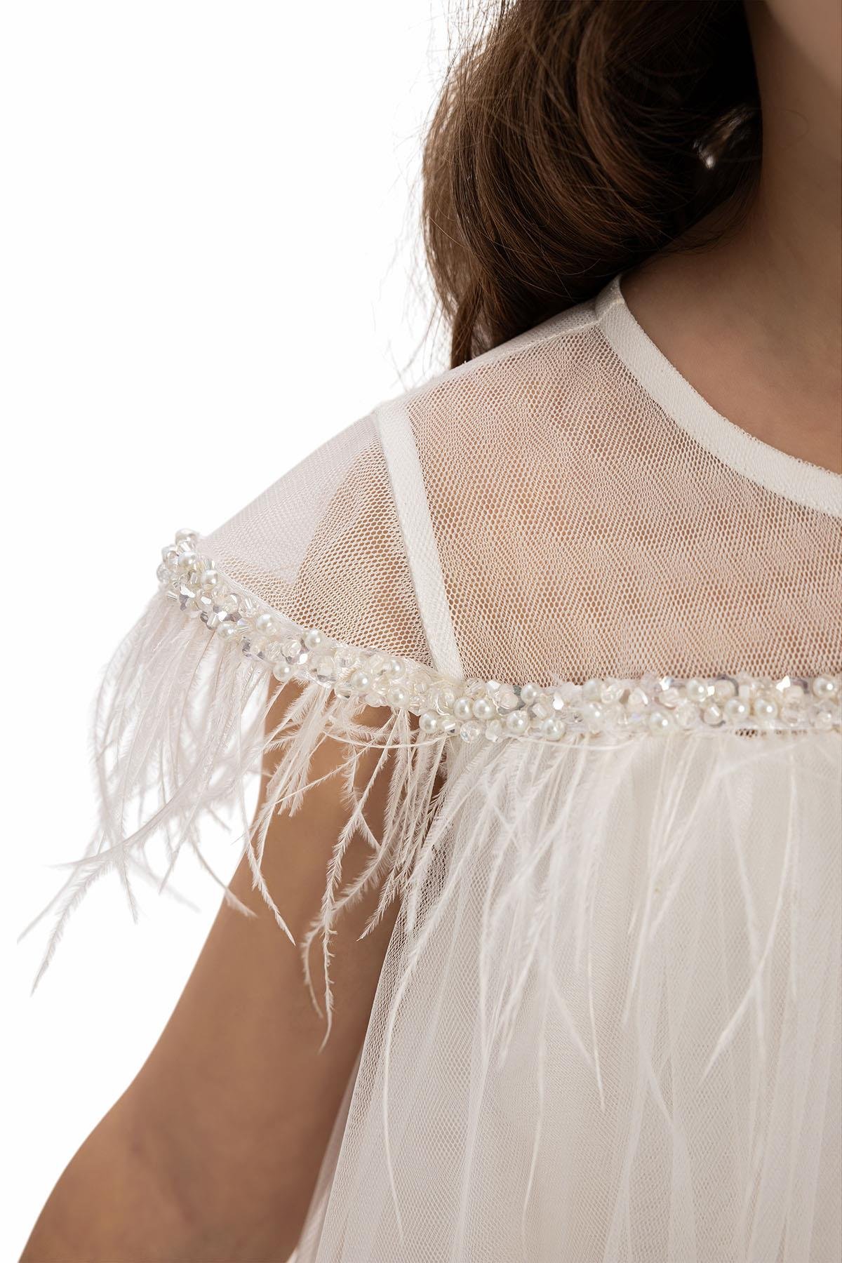 Pamina Kız Çocuk  Kelebek Tül Elbise 3-7 Yaş Ekru