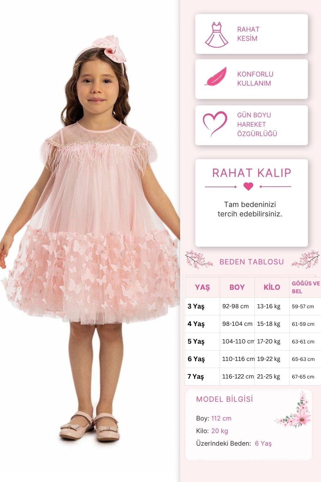 Pamina Kız Çocuk  Kelebek Tül Elbise 3-7 Yaş Pembe