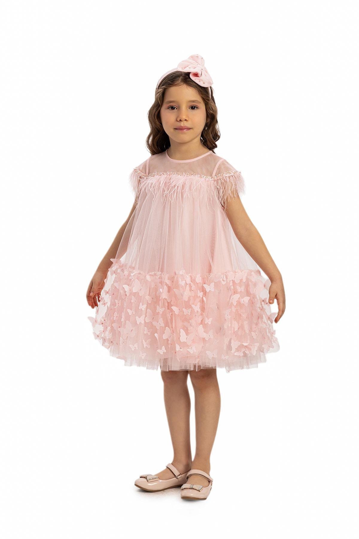 Pamina Kız Çocuk  Kelebek Tül Elbise 3-7 Yaş Pembe