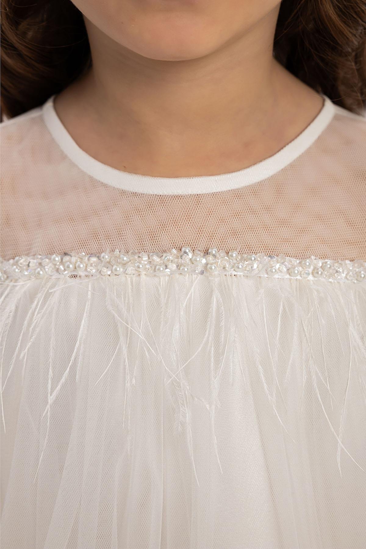 Pamina Kız Çocuk  Kelebek Tül Elbise 3-7 Yaş Ekru