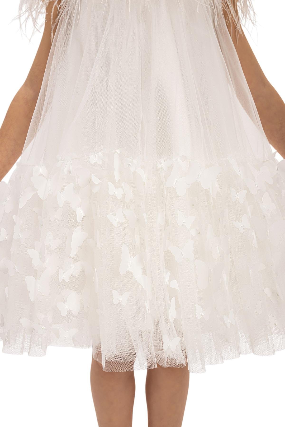 Pamina Kız Çocuk  Kelebek Tül Elbise 3-7 Yaş Ekru