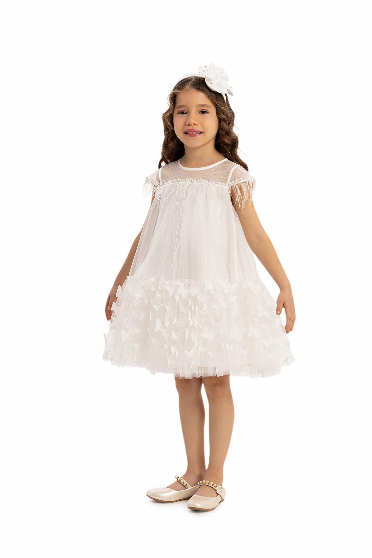 Pamina Kız Çocuk  Kelebek Tül Elbise 3-7 Yaş Ekru